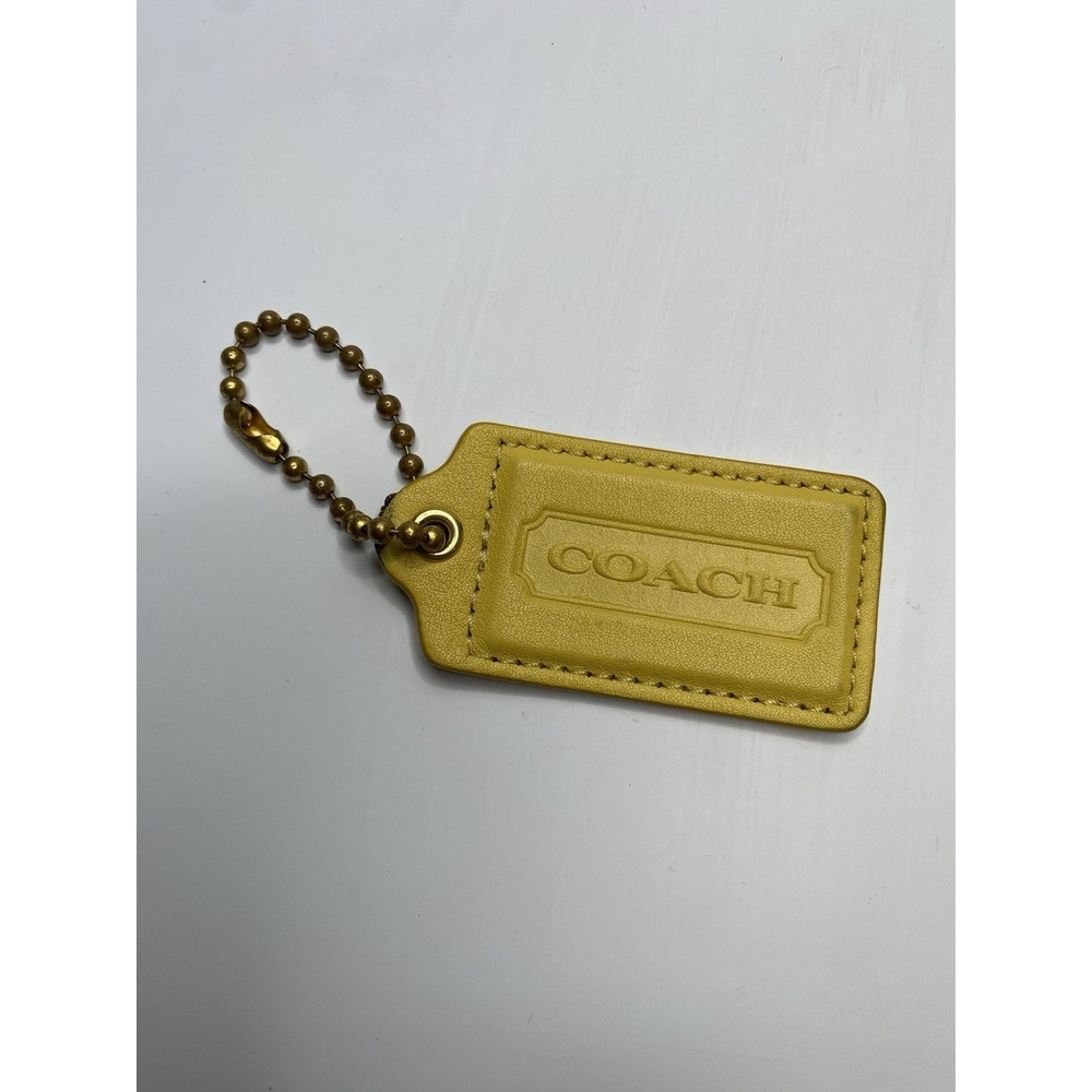 Genuine Coach Yellow Leather Large Hang Charm Tag W Brass Chain 3" x 1.5"